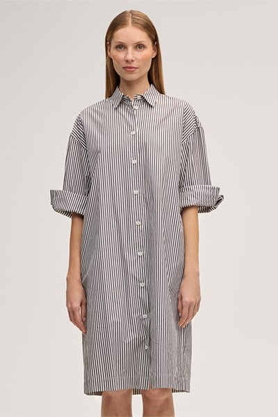 Baumwoll-Kleid Loose Fit in Ecru-Dunkelbraun gestreift