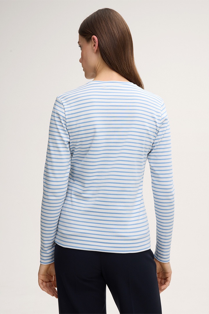 Cotton Interlock Long-sleeved Shirt in Blue/White Stripes