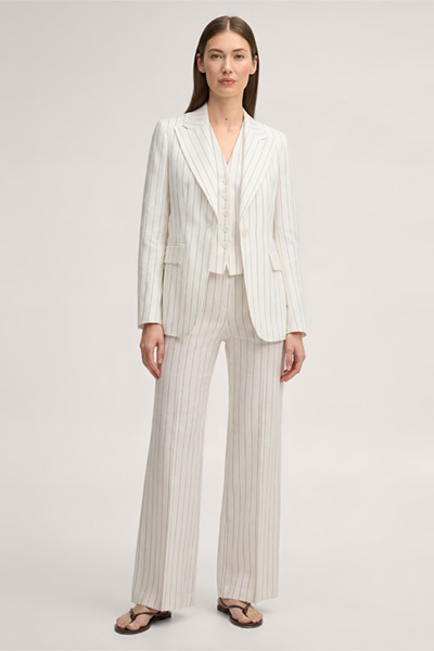 Leads to product detail page "Pinstriped linen-blend blazer in ecru and black"