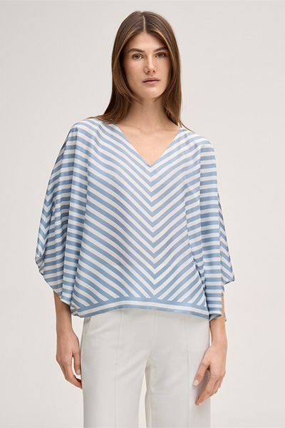 Silk poncho without sleeves in ecru and light blue stripes