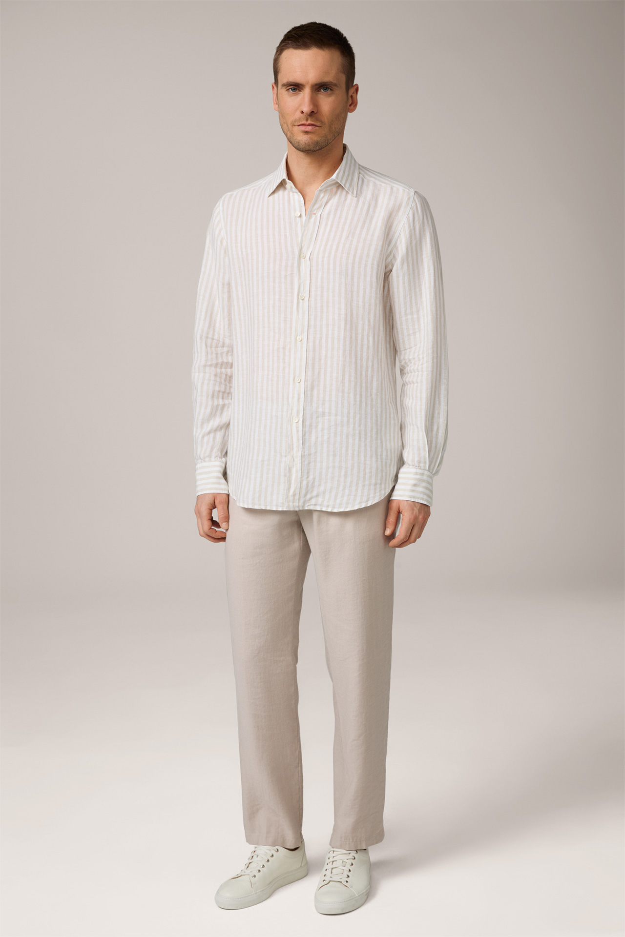 Lapo Linen Shirt in White and Beige Stripes