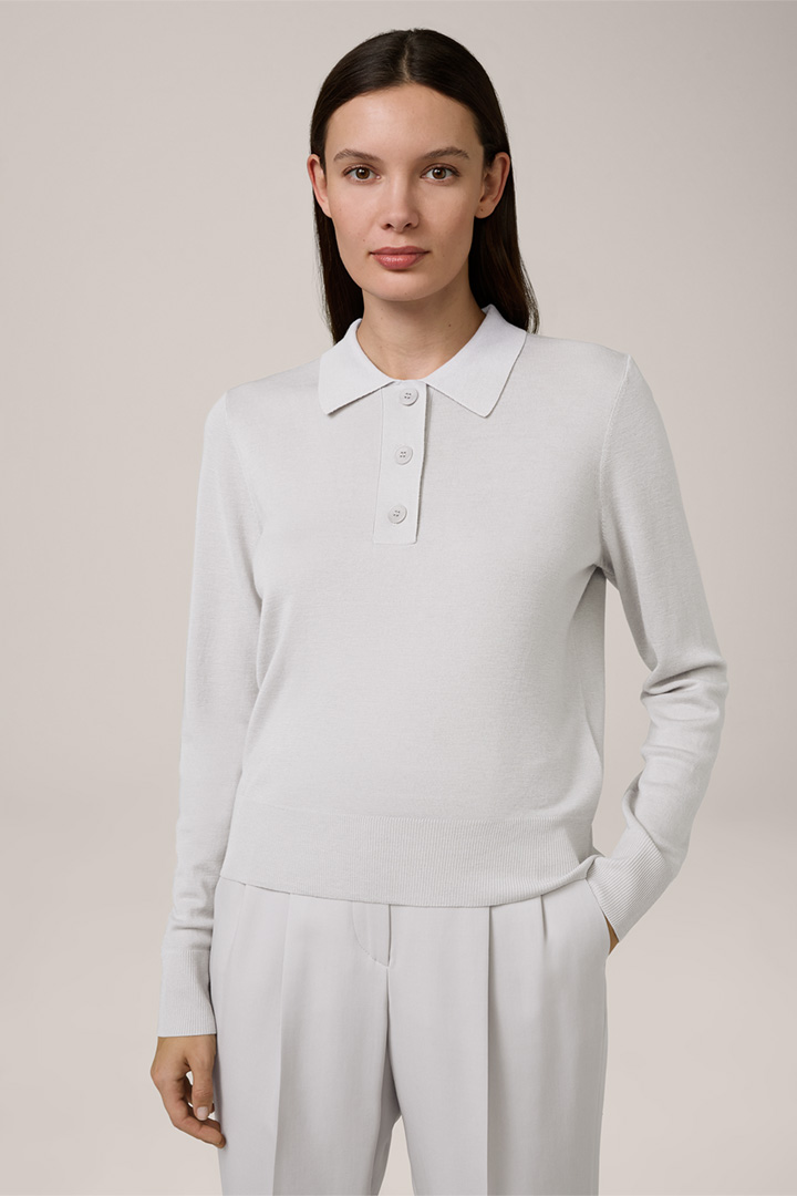 Long-sleeved Polo Shirt in a Virgin Wool and Silk Blend, in Grey