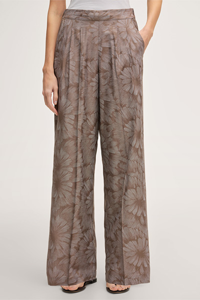 Viscose-silk blend printed palazzo trousers with pleats on the waistband in brown