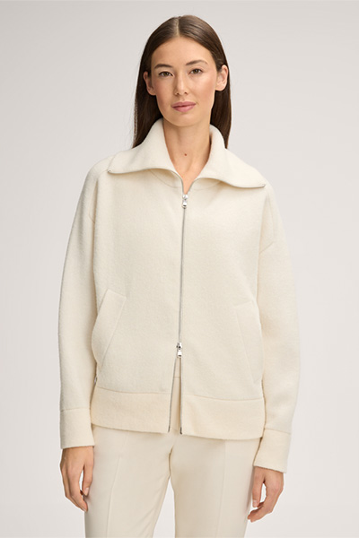 Double-Knit-Zipp-Jacke mit Stehkragen in Creme