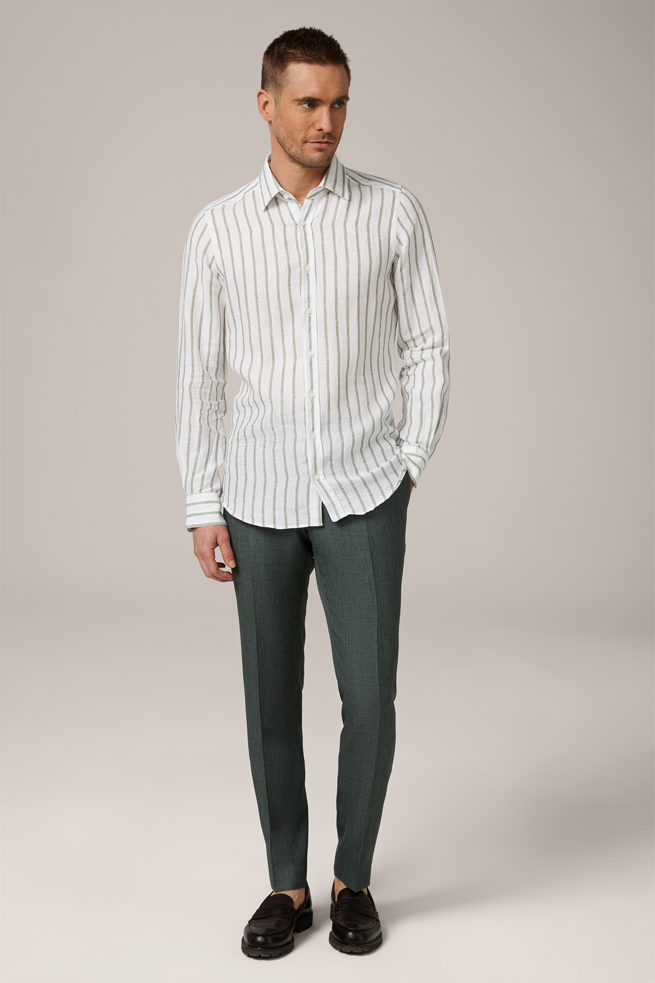 Lapo Linen Shirt in White and Olive Striped