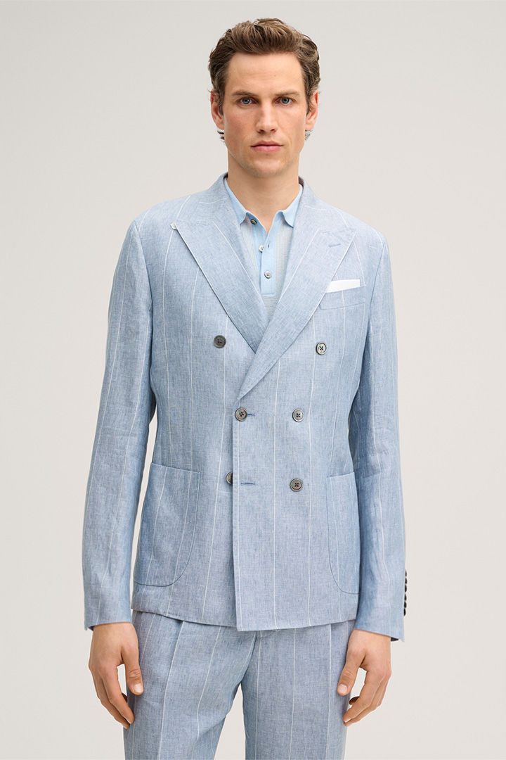 Leads to product detail page "Salio double-breasted linen modular jacket in blue with pinstripes"