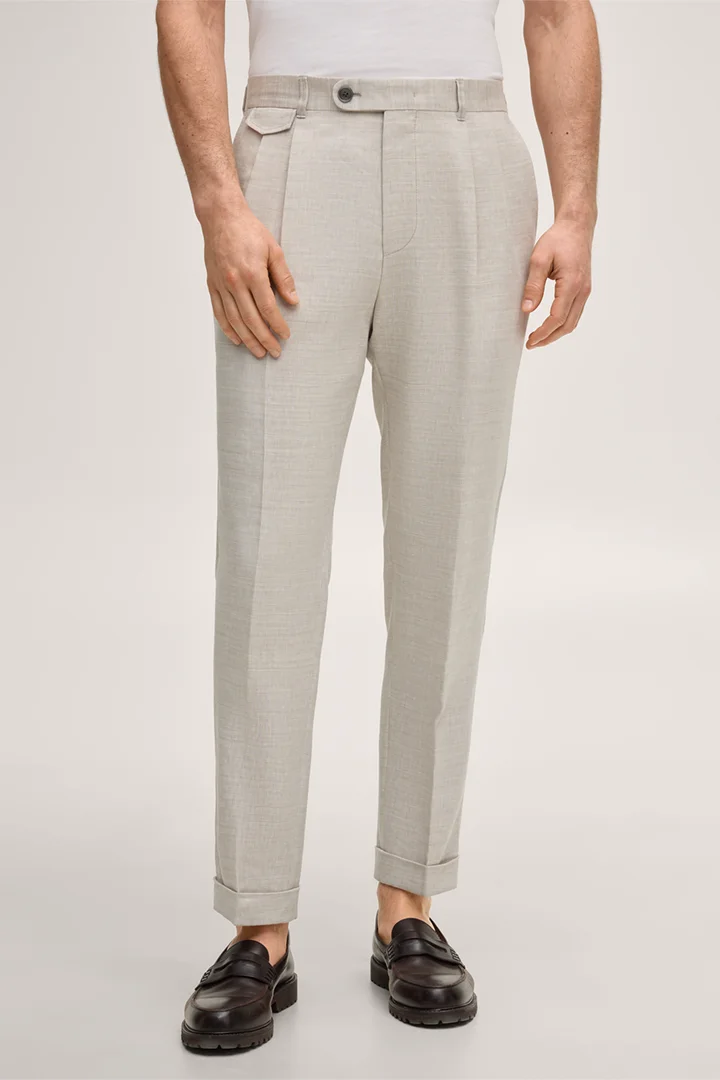 Leads to product detail page "Sapo linen blend modular trousers with virgin wool in beige herringbone"