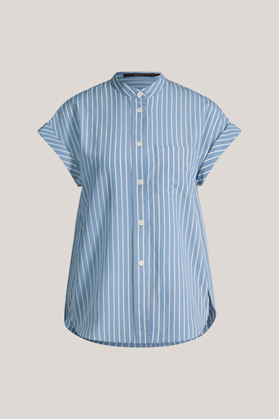 Viscose blend short-sleeved shirt blouse in light blue and ecru stripes