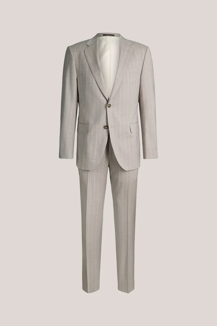 Leads to product detail page "Sera-Sole virgin wool suit in grey and brown stripes"