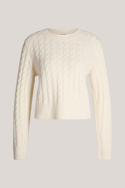 Schurwollmix-Rundhals-Pullover mit Cashmere und Zopfmuster in Creme