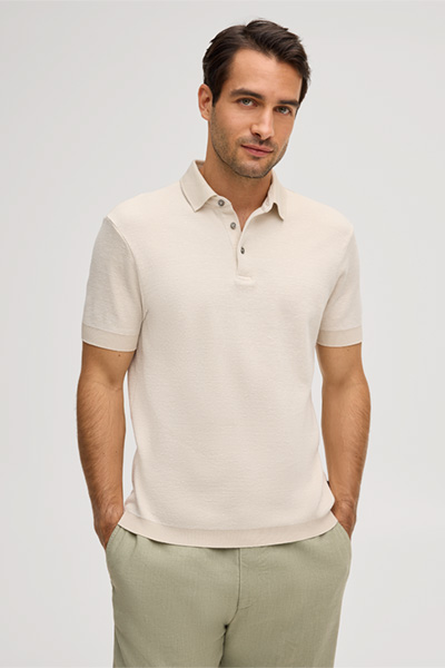 Baumwollmix-Polo Tulio mit Leinen in Beige meliert
