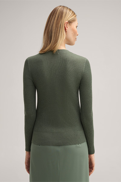 Virgin Wool and Silk Blend Rib Knit Long-sleeved Top in Olive