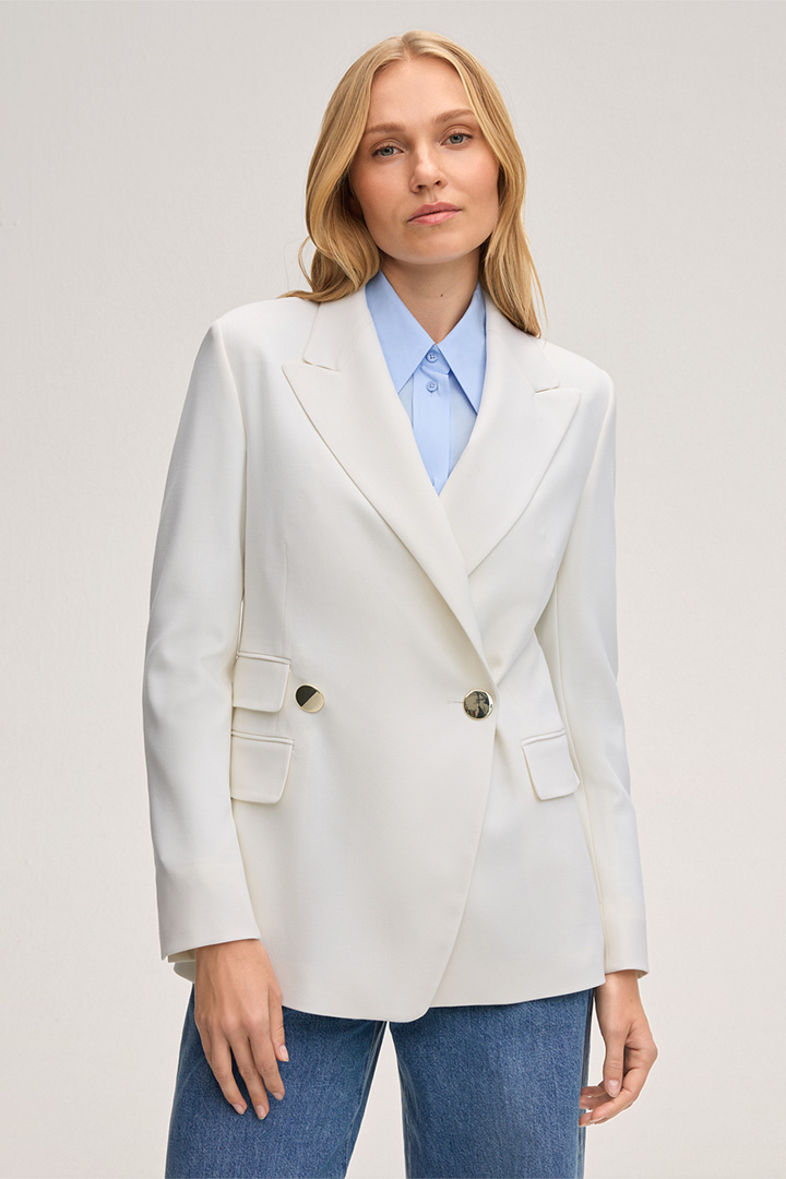 Führt zu Produktdetailseite „Schurwollstretch-Doppelreiher-Blazer in Ecru"