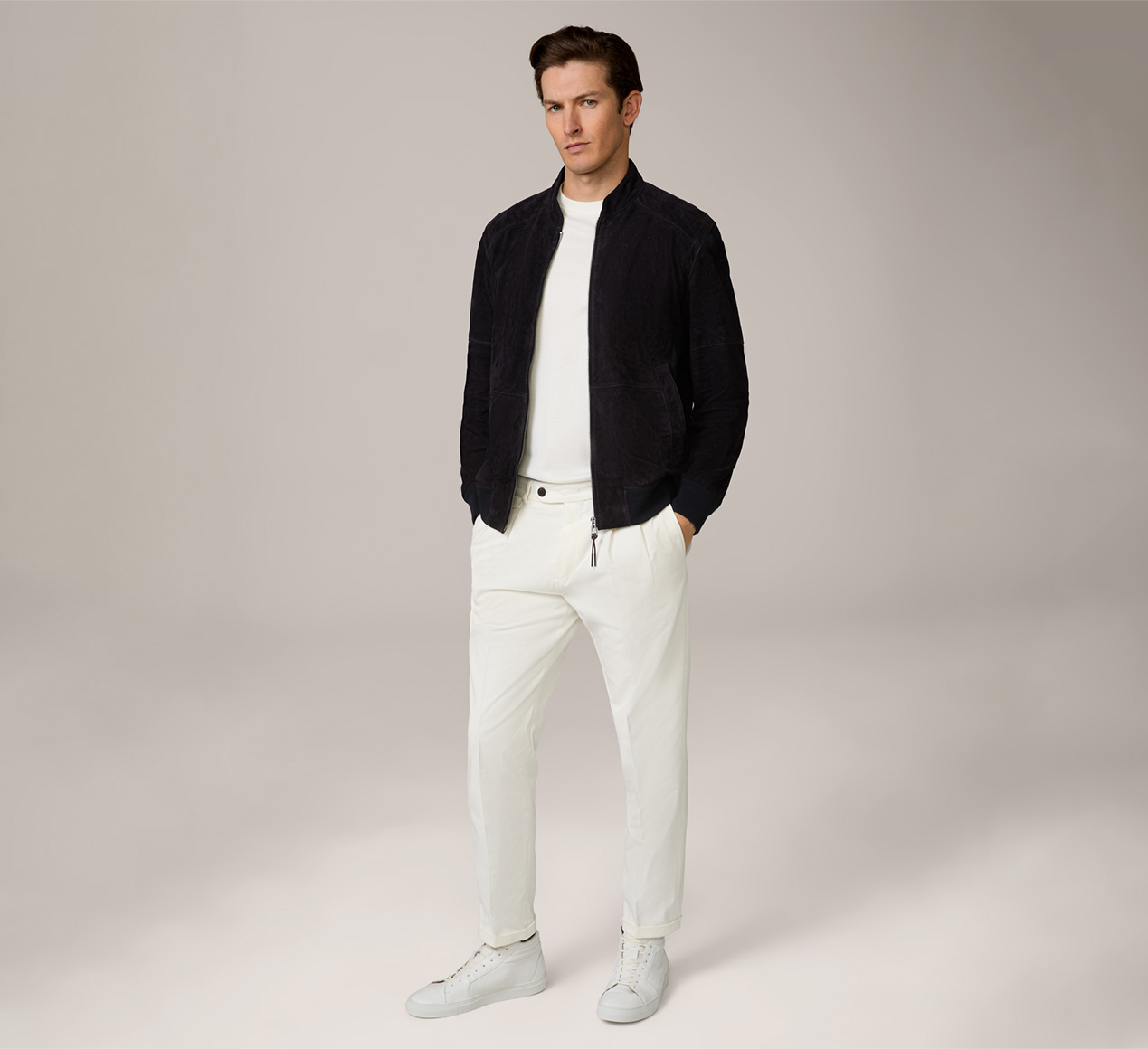 windsor. presents the product Borello Goatskin Suede Leather Bomber Jacket in Dark Blue from the category Leather jackets & shirt jackets