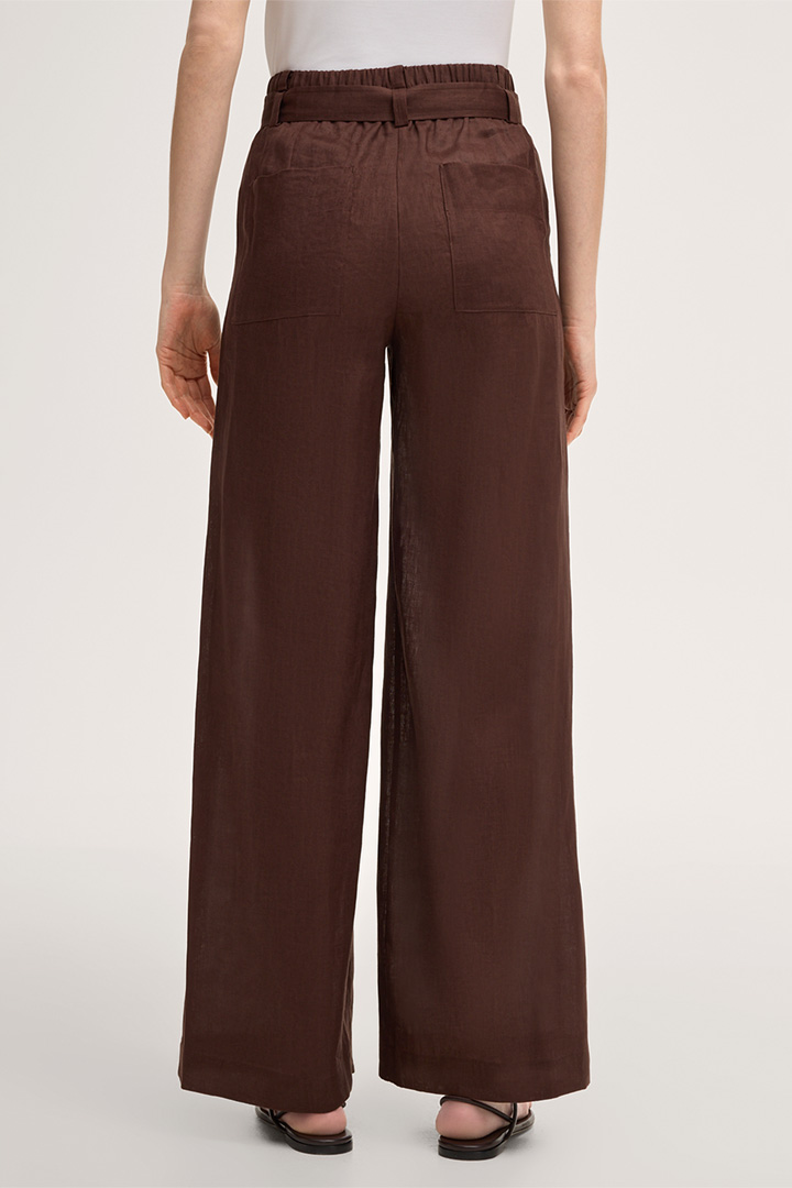 Pantalon palazzo en lin à pinces avec ceinture, couleur marron foncé