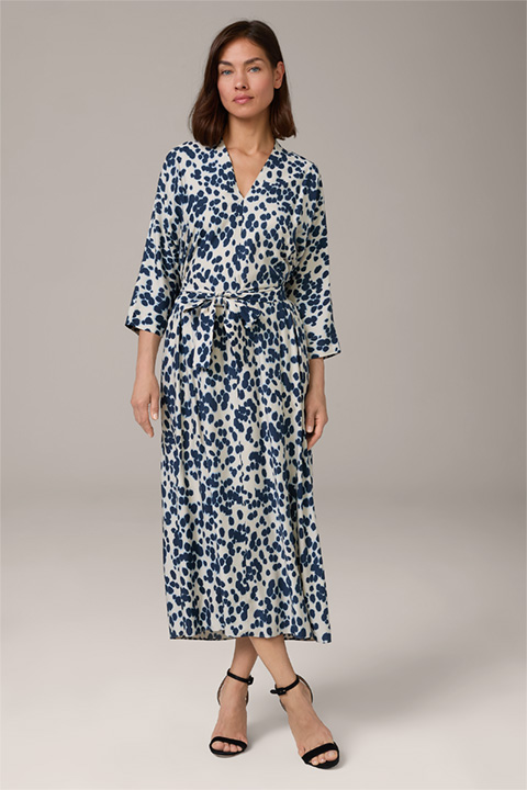 Print-Maxi-Kleid aus Viskose und Seide in Ecru-Blau gemustert