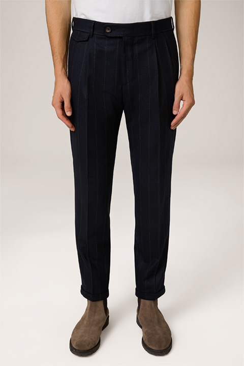 Serpo Wool Mix Modular Trousers with Cashmere and Pleat-front in Navy with Chalk Stripes