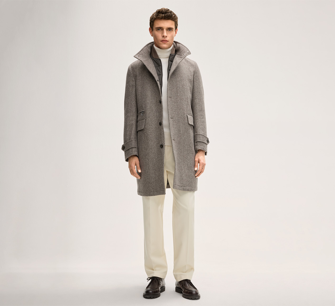 windsor. presents the product Danilo Wool Blend Coat with Stand-up Collar in Light Brown Herringbone from the category Jackets & coats