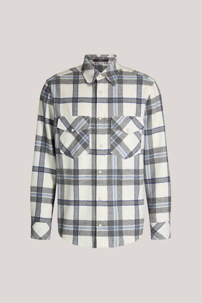 Ozzano Cashmere Overshirt in Blue and Ecru with a Checked Pattern