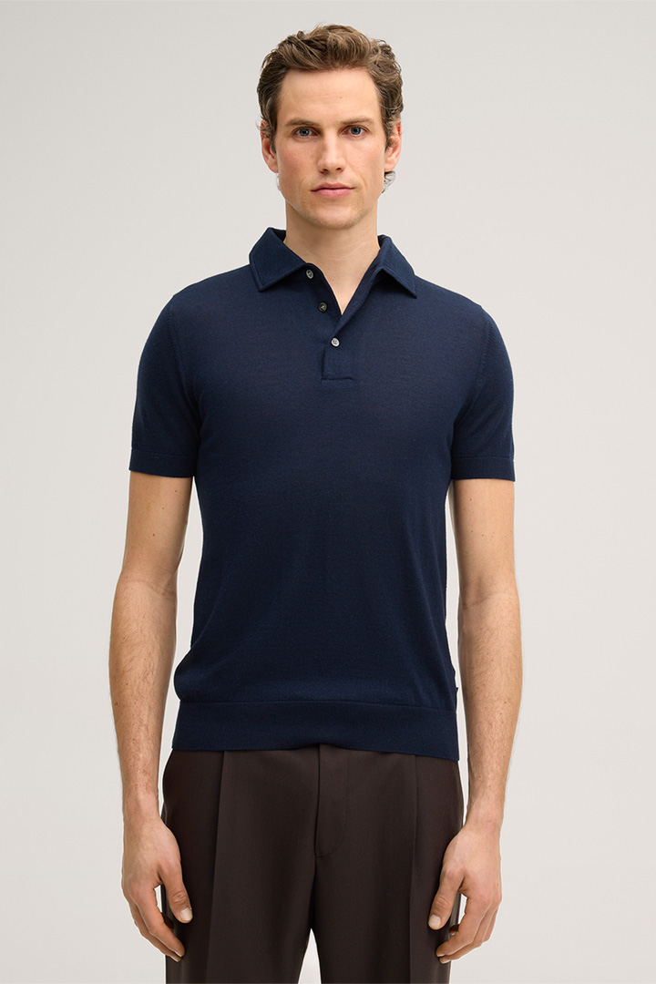Leads to product detail page "Nando Knitted Polo Shirt with Silk and Cashmere in Navy"