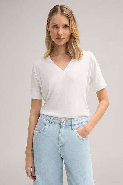 Tencel Cotton T-Shirt with V-neck in Ecru