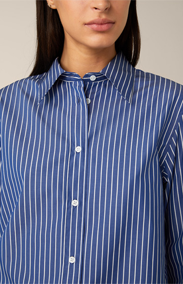 Popeline-Baumwoll-Streifen-Hemd-Bluse in Blau-Weiß gestreift