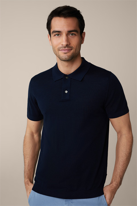 Virgin Wool Knitted Polo Shirt with Silk and Cashmere in Navy