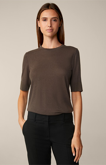 T-shirt à manches courtes en mélange de tencel et de laine, couleur taupe