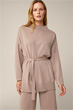 Knitted Long Pullover with Stand-up Collar and Tie Belt in Beige