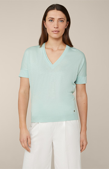 Tencel-Baumwoll-T-Shirt mit V-Ausschnitt in Mintgrün