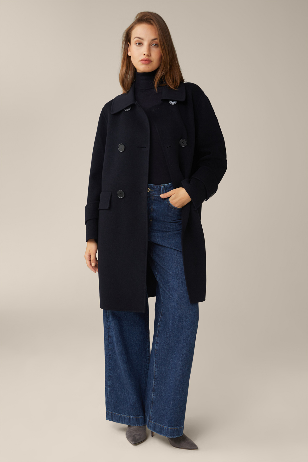 Virgin Wool and Silk Mix Roll Neck Pullover in Navy