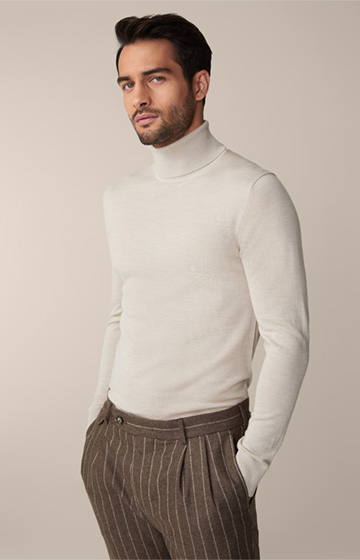 Nando Virgin Wool Roll Neck Pullover with Silk and Cashmere in Light Beige