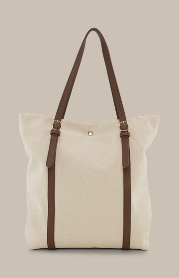 Canvas Shopper with Leather Details in Light Beige