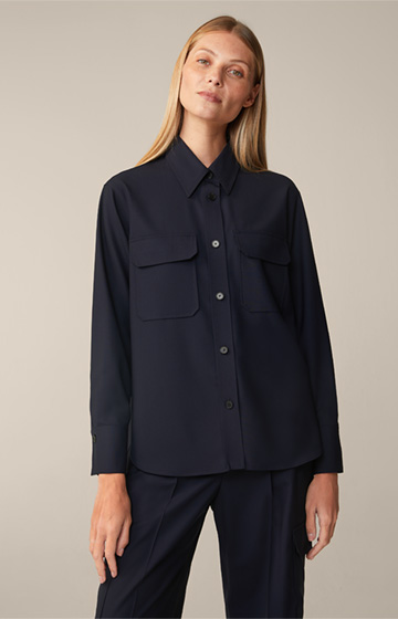 Virgin Wool Stretch Shirt-style Blouse in Navy