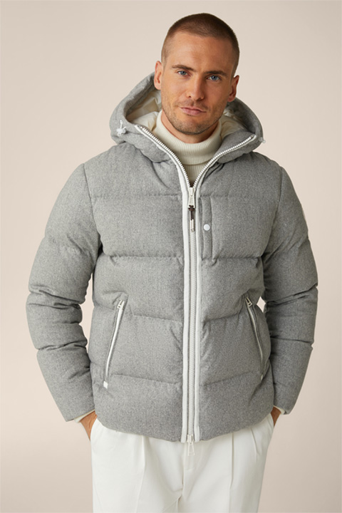 Glorenza Quilted Wool Blend Cashmere Down Jacket in Mottled Grey and Beige