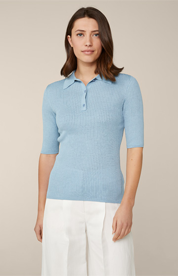 Wildseiden-Ripp-Strick-Polo-Shirt in Blau