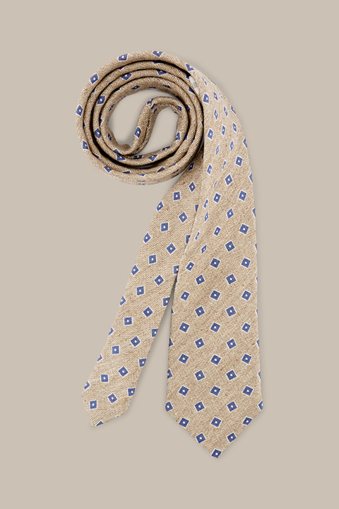 Cravate en soie avec du lin, en beige et bleu à motif