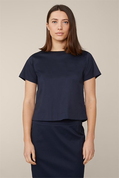 Stretch Cotton Short-sleeved Blouse in Navy