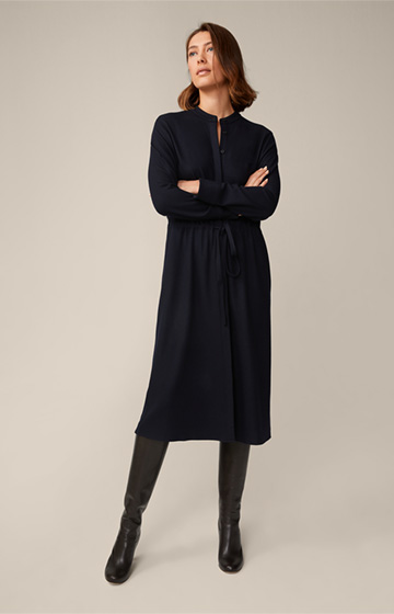 Wool Jersey Midi-Length Dress with Belt in Navy