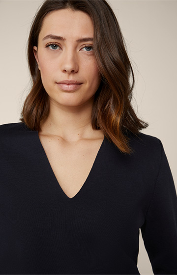 Cotton Tencel Knitted Pullover with Shoulder Pads in Navy