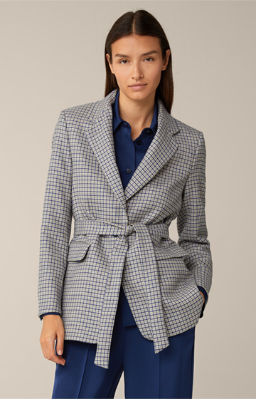 Virgin Wool Long Blazer with Belt in a Beige, Grey and Blue Pattern