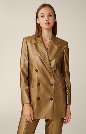 Viscose Blend Double-breasted Long Blazer with Lurex in Gold