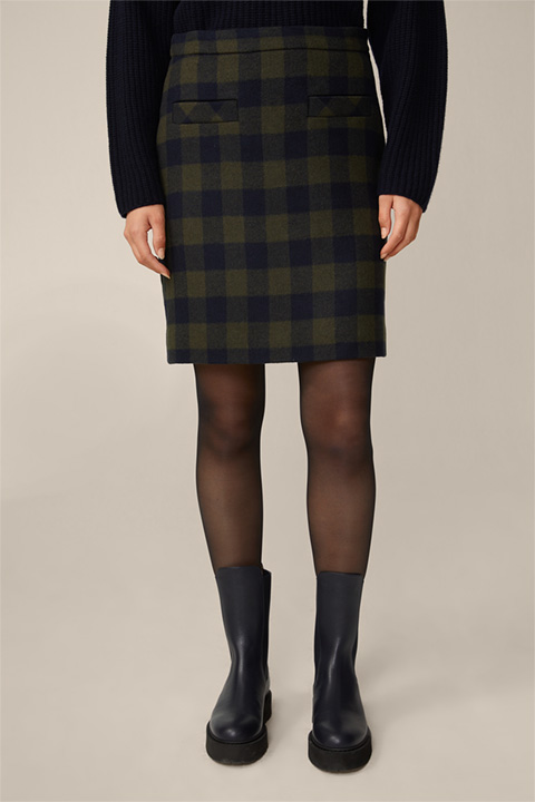 Wool Mix Boot Skirt in a Navy and Olive Pattern