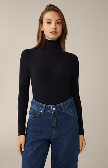 Virgin Wool and Silk Mix Roll Neck Pullover in Navy