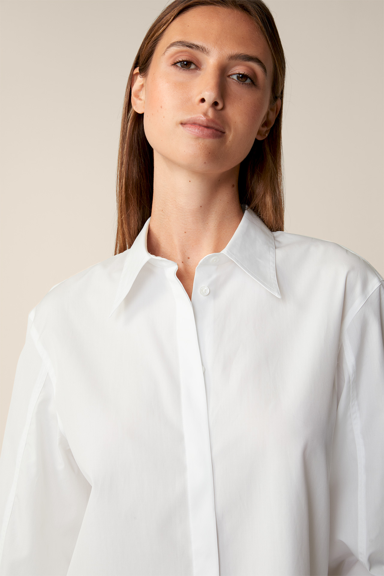 Popeline-Baumwoll-Hemd-Long-Bluse in Weiß
