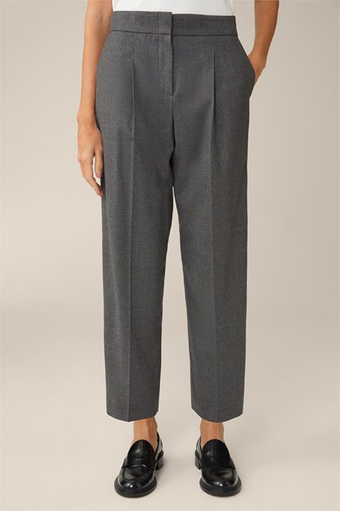 Flannel Pleat-front Cropped Trousers in Grey Marl