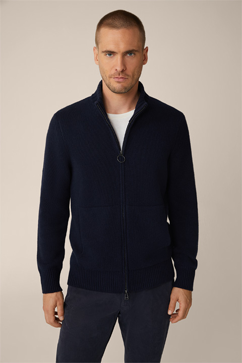 Ecosio Cashmere Zipped Knitted Jacket with Stand-up Collar in Navy