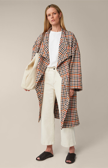 Wool Mix City Coat with Shawl Collar in an Ecru, Caramel and Anthracite Check