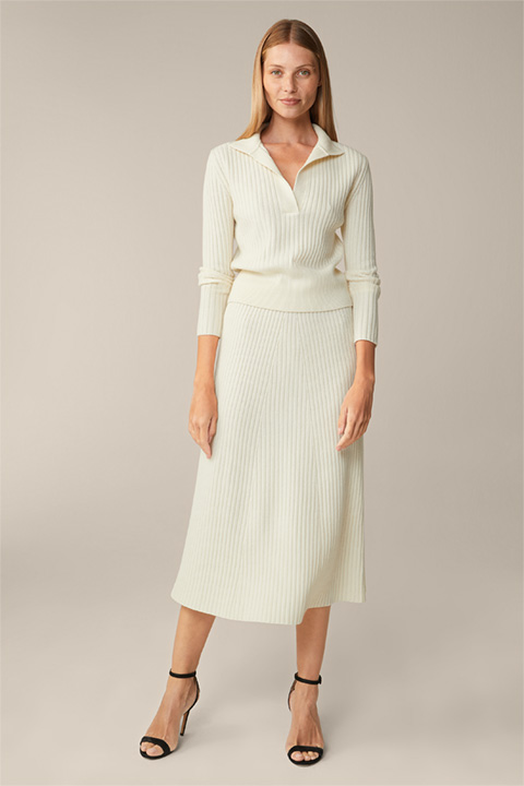 Ecru Ribbed Knitted Midi Skirt in a Virgin Wool and Cashmere Mix
