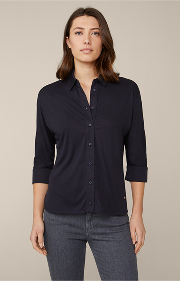 Tencel-Cotton Interlock Shirt-style Blouse in Navy